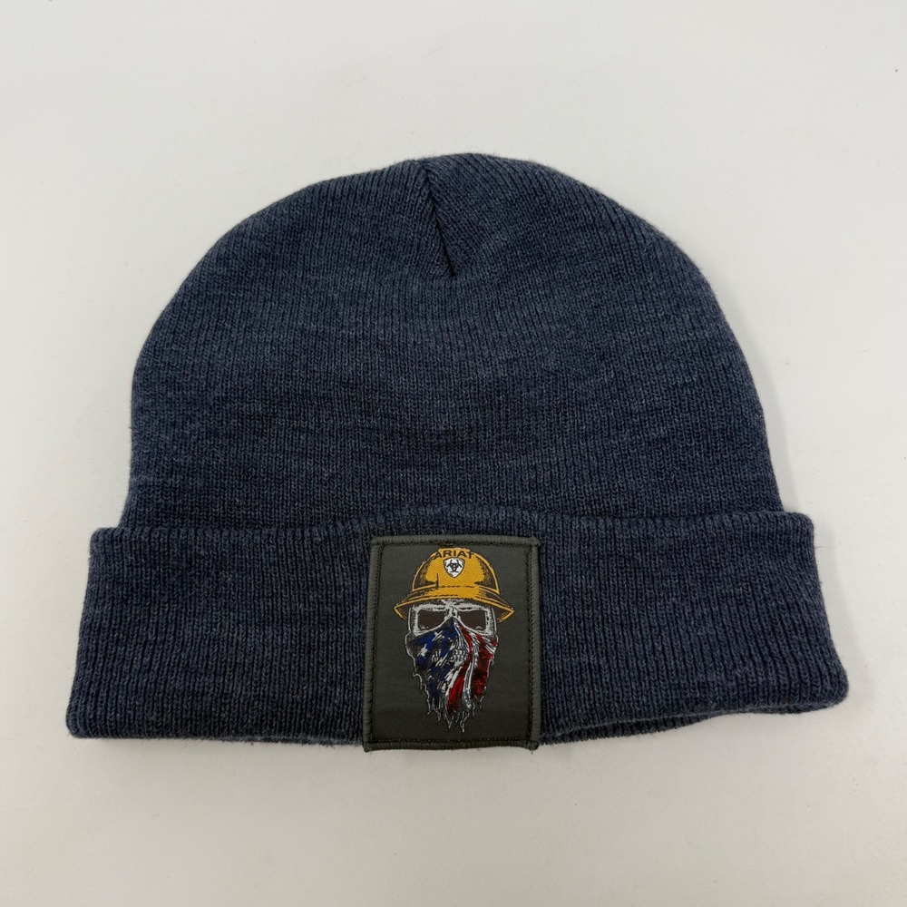 Ariat Mens Navy Blue Hard Hat Skull Graphic Patch Cuffed Beanie Hat USA Made